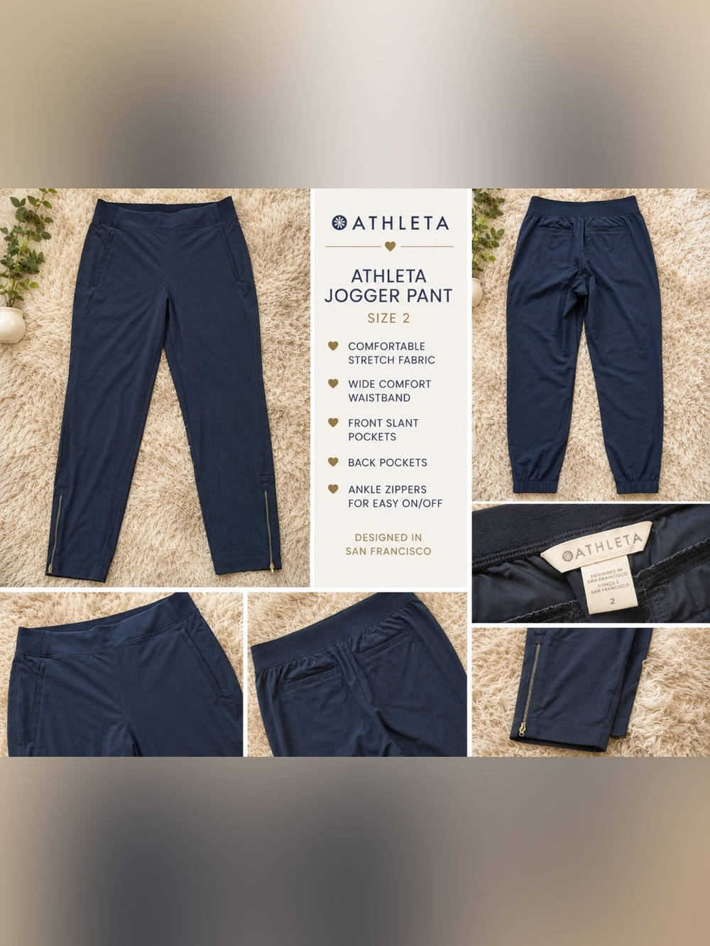 Athleta Navy Women’s Jogger Pants - Zip Ankles. Size 2